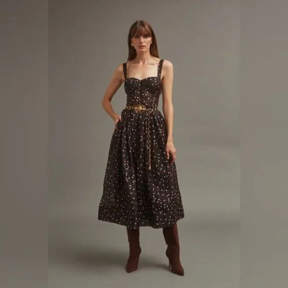 NEW Cara Cara Pheobe Midi Linen Silk Dress Stamped Dot Black US 6 UK 10 - Picture 5 of 16